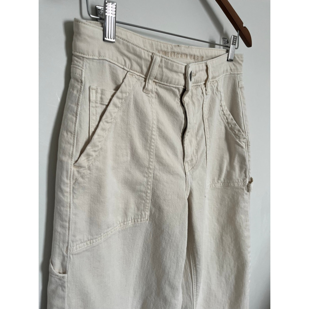 Beige Wide Leg Carpenter Pants High Rise Off White Raw Hem American Eagle Pants - Picture 4 of 7